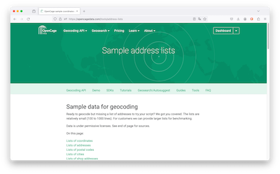 "OpenCage address lists page"