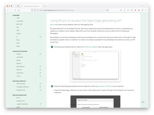 "Using the OpenCage geocoding API in Bruno"