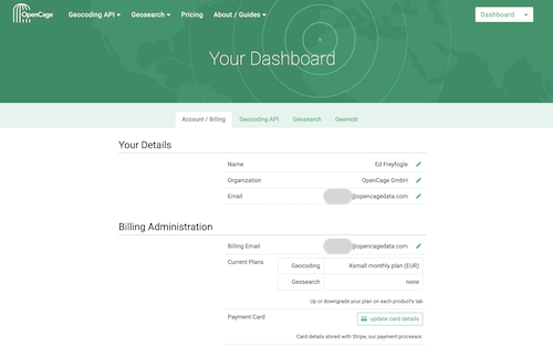 "Screenshot of OpenCage account dashboard"