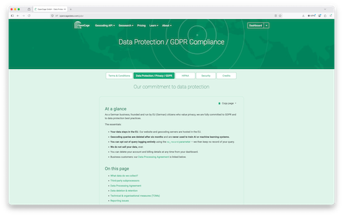 "Screenshot of the OpenCage GDPR page"