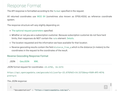 "The OpenCage Geocoding API response format"