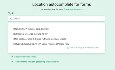 Screenshot of the OpenCage Geosearch demo page with a postcode result
