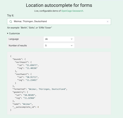 "Screenshot of the OpenCage Geosearch demo page showing the exact JSON returned"