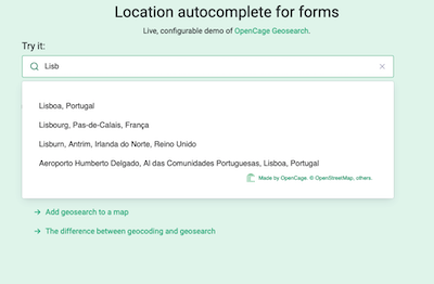 Screenshot of the OpenCage Geosearch demo page with Portuguese result