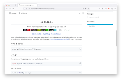 "Alex Liesenfeld's Golang SDK for the OpenCage geocoding API "