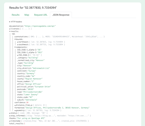 "Screenshot of the OpenCage geocoding Demo page showing collapsible JSON"