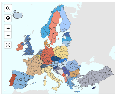 "Map of Europe showing NUTS2 regions"