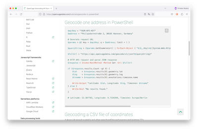 "Screenshot of the OpenCage tutorial showing how to geocode in PowerShell"