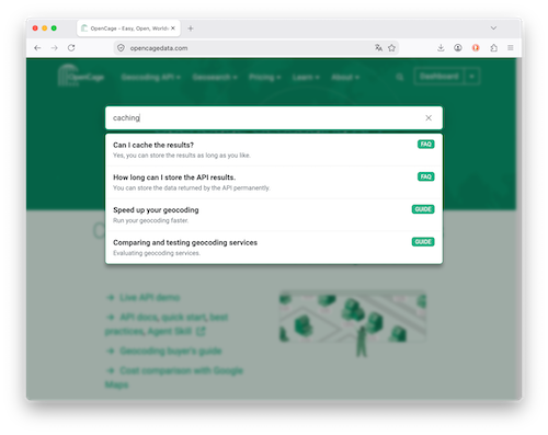 Screenshot of the OpenCage site search