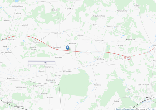 "Map showing a pin at 52.2043, 21.6907 - a toll road in Poland"