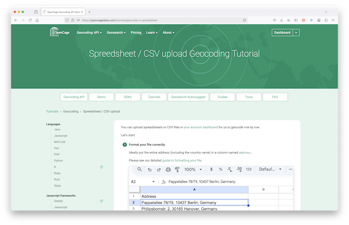 A screenshot of the OpenCage spreadsheet geocoding service tutorial