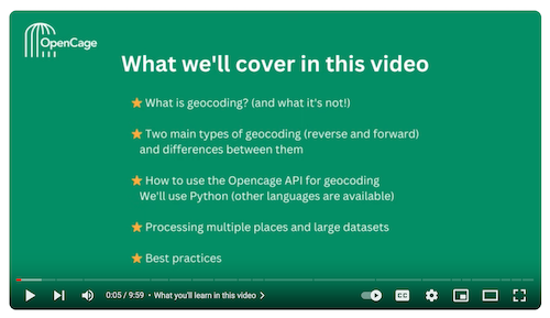 "Screenshot of the OpenCage geocoding API tutorial on YouTube"